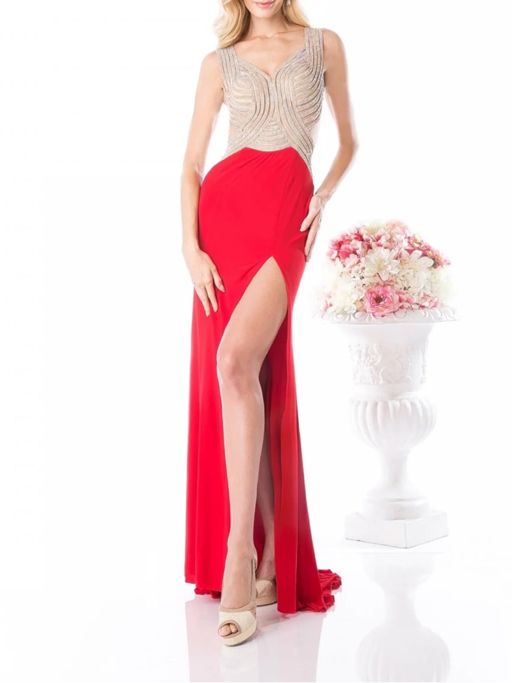 Beaded Stretch Knit Sheath Gown By Cinderella Divine -KD009 Red Size 8